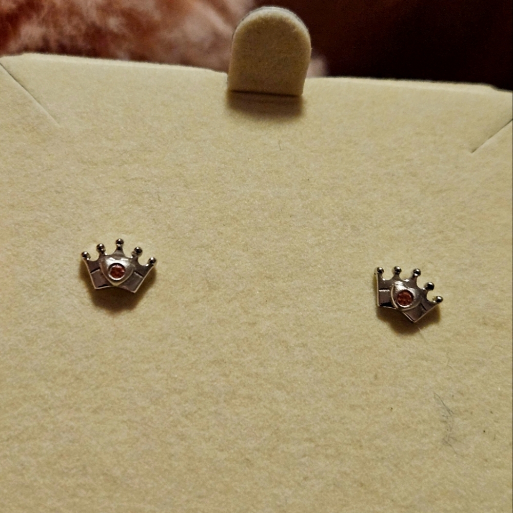 Sterling Silver Crown Stud Earrings with Pink Gem For Little Girls